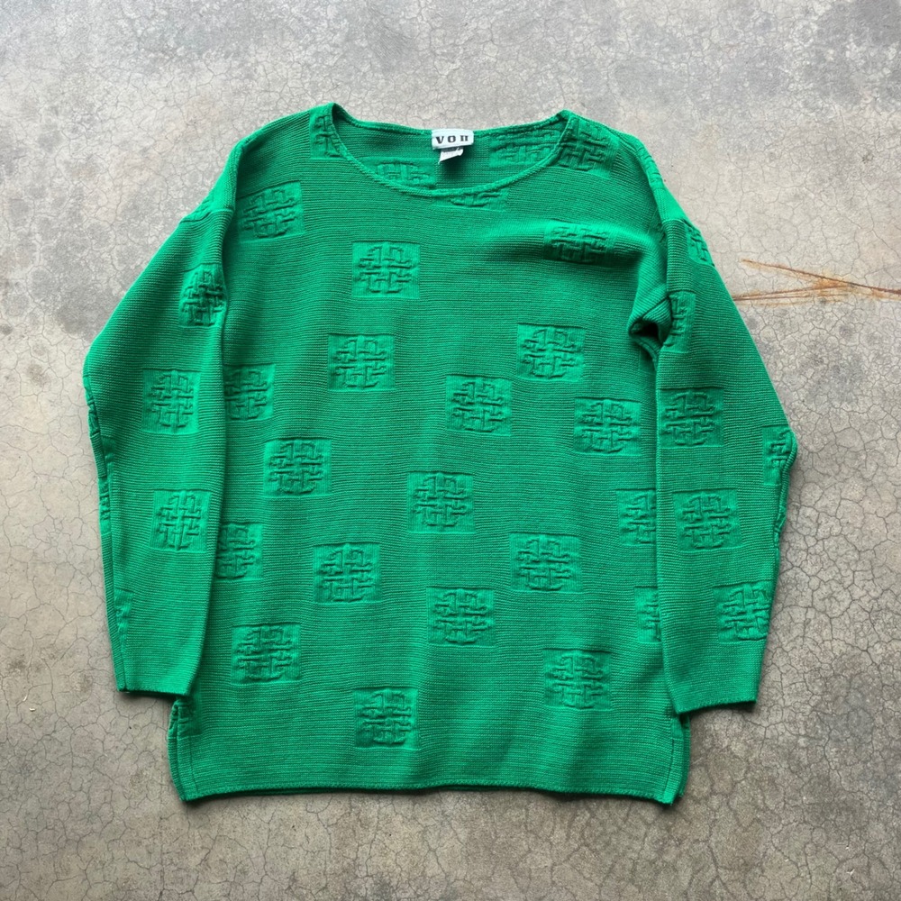 Vintage VOII Green Knit Sweater Geometric Square Pattern Cotton Women Medium